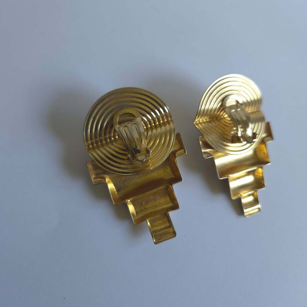 Vintage 1980s Artβ Deco Revival Clip On Earrings Gold Tone Black Rhinestone - Picture 5 of 8
